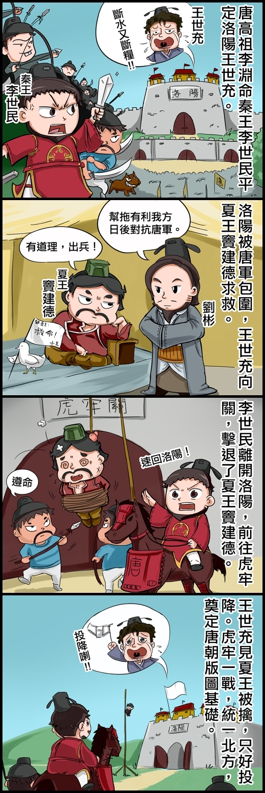 唐高祖李淵命秦王李世民平定洛陽王世充。 王世充：斷水又斷糧！！ 洛陽被唐軍包圍，王世充向夏王竇建德求救。 中書侍郎劉彬：幫拖有利我方日後對抗唐軍。 夏王竇建德：有道理，出兵！！ 李世民離開洛陽，前往虎牢關，擊退了夏王竇建德。 李世民：速回洛陽！ 兵：遵命 王世充見夏王被擒，只好投降。虎牢一戰，統一北方，奠定唐朝版圖基礎。 王世充：投降喇！！