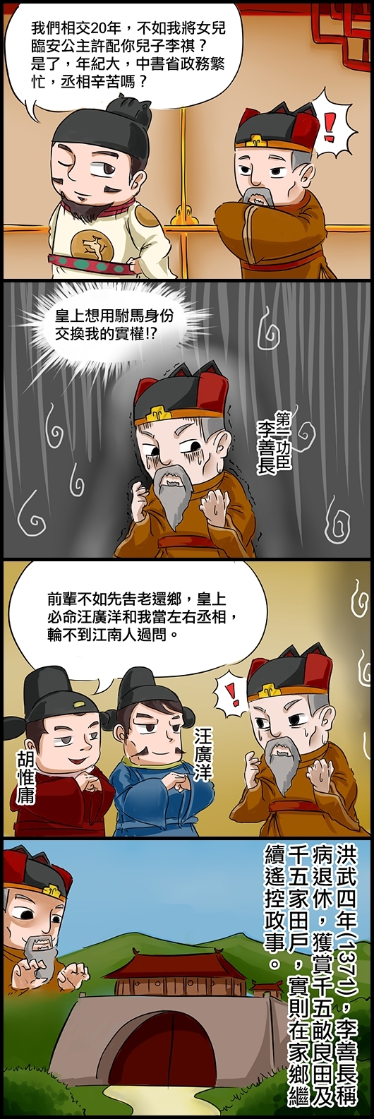 朱元璋：我們相交20年，不如我將女兒臨安公主許配你兒子李祺？是了，年紀大，中書省政務繁忙，丞相辛苦嗎？ 第一功臣李善長心想：皇上想用駙馬身份交換我的實權！？ 胡惟庸：前輩不如先告老還鄉，皇上必命汪廣洋和我當左右丞相，輪不到江南人過問。 洪武四年(1371)，李善長稱病退休，獲賞千五畝良田及千五家田戶，實則在家鄉繼續遙控政事。