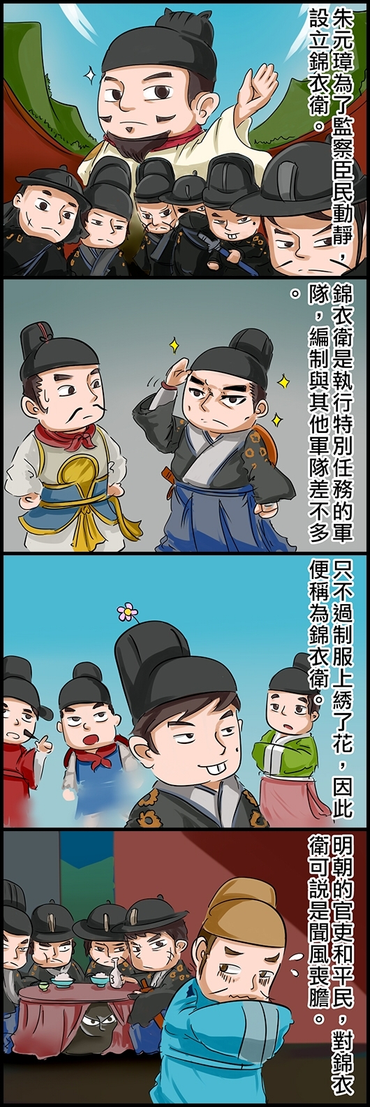 朱元璋為了監察臣民動靜，設立錦衣衛。 錦衣衛是執行特別任務的軍隊，編制與其他軍隊差不多。 只不過制服上綉了花，因此便稱為錦衣衛。 明朝的官吏和平民，對錦衣衛可說是聞風喪膽。