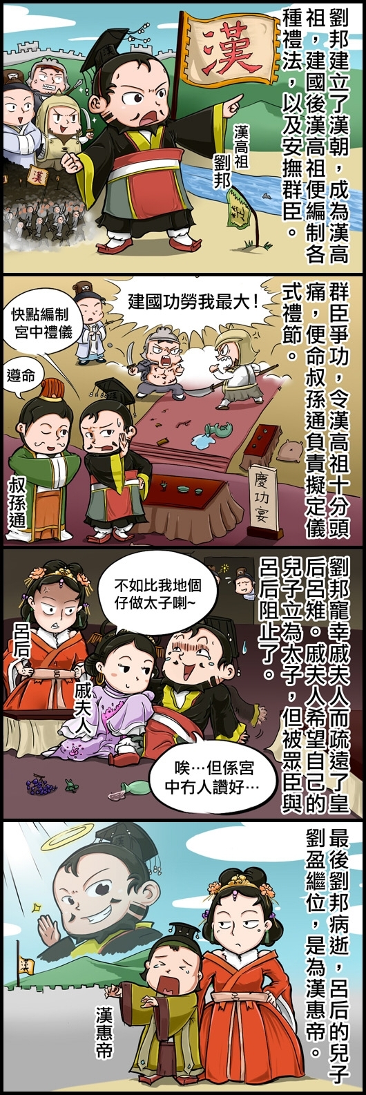 劉邦建立了漢潮，成為漢高祖，建國後漢高祖便編制各種禮法，以及安撫群臣。 群臣爭功，令漢高祖十分頭痛，便命叔孫通負責擬定儀式禮節。 劉邦寵幸戚夫人而疏遠了皇后呂雉，戚夫人希望自己的兒子立為太子，但被眾臣與呂后阻止了。 -戚夫人：不如比我地個仔做太子喇~ -劉邦：唉...但係宮中冇人讚好... 最後劉邦病逝，呂后的兒子劉盈繼位，是為漢惠帝。