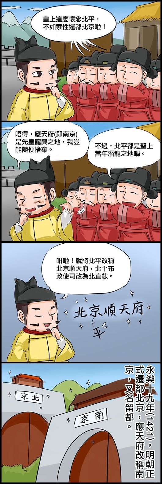 北平臣民：皇上這麼懷念北平，不如索性還都北京啦！ 明成祖朱棣：唔得，應天府(即南京)是先皇龍興之地，我豈能隨便捨棄。 臣民：不過，北平都是聖上當年潛龍之地喎。 成祖：咁啦！就將北平改稱北京順天府，北平布政使司改為北直隸。 永樂十九年(1421)，明朝正式遷都北京，應天府改稱南京，又名留都。