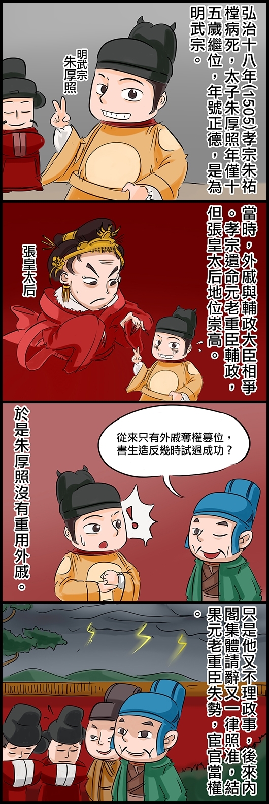 弘治十八年(1505)孝宗朱祐樘病死，太子朱厚照年僅十五歲繼位，年號正德，是為明武宗。 當時，外戚與輔政大臣相爭。孝宗遺命元老重臣輔政，但張皇太后地位崇高。 宦官劉瑾進言：從來只有外戚奪權篡位，書生造反幾時試過成功？ 於是朱厚照沒有重用外戚。 只是他又不理政事，後來內閣集體請辭又一律照准，結果元老重臣失勢，宦官當權。