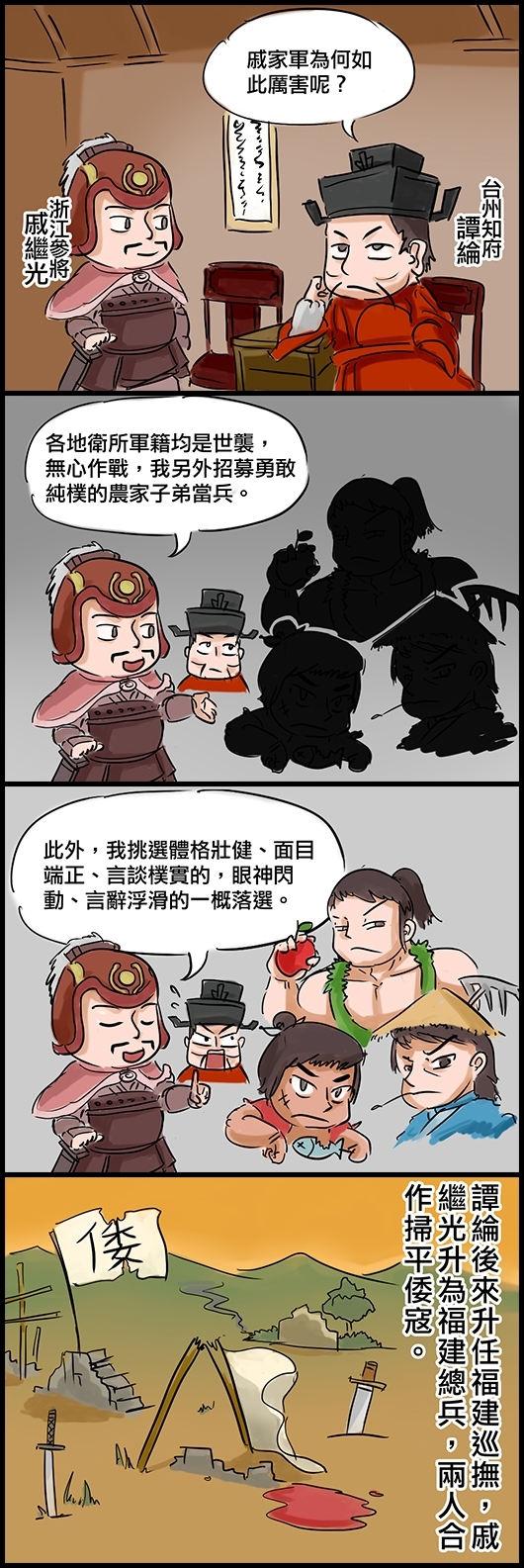 台州知府譚綸：戚家軍為何如此厲害呢？ 浙江參將戚繼光：各地衛所軍籍均是世襲，無心作戰，我另外招募勇敢純樸的農家子弟當兵。 戚：此外，我挑選體格壯健、面目端正、言談樸實的，眼神閃動、言辭浮滑的一概落選。 譚綸後來升任福建巡撫，戚繼光升為福建總兵，兩人合作掃平倭寇。