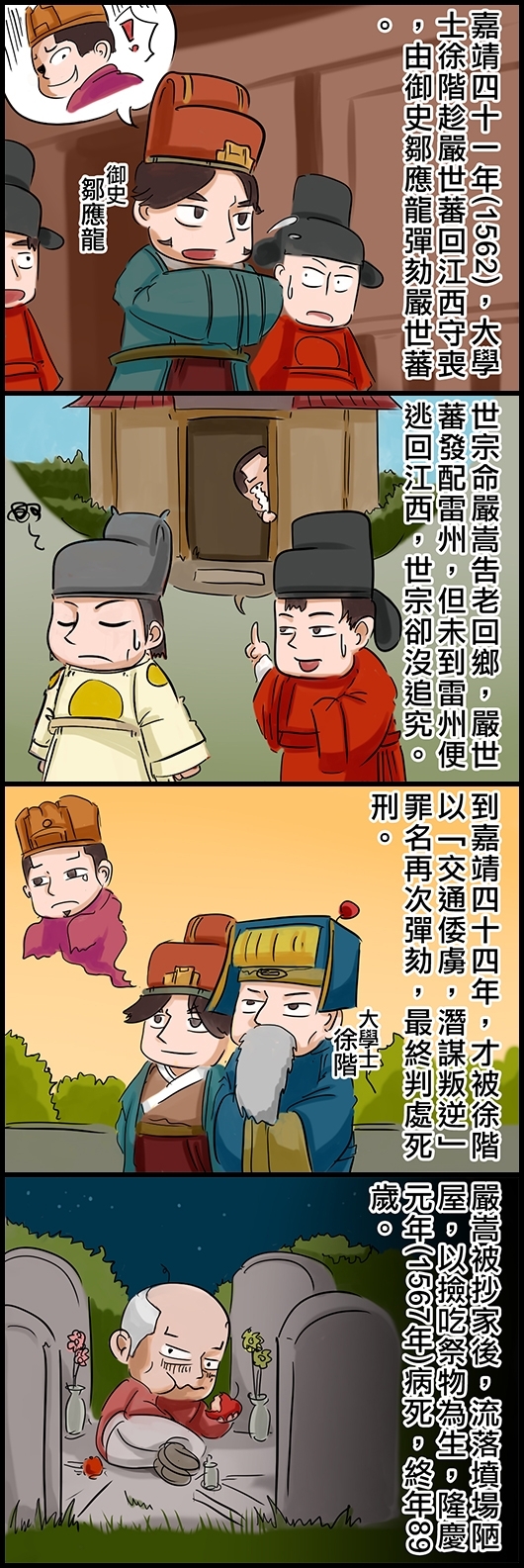 嘉靖四十一年(1562)，大學士徐階趁嚴世蕃回江西守喪，由御史鄒應龍彈劾嚴世蕃。 世宗命嚴嵩告老回鄉，嚴世蕃發配雷州，但他未到雷州便逃回江西，世宗卻沒追究。 到嘉靖四十四年，才被徐階以「交通倭虜，潛謀叛逆」罪名再次彈劾，最終判處死刑。 嚴嵩被抄家後，流落墳場陋屋，以撿吃祭物為生，隆慶元年(1567年)病死，終年89歲。