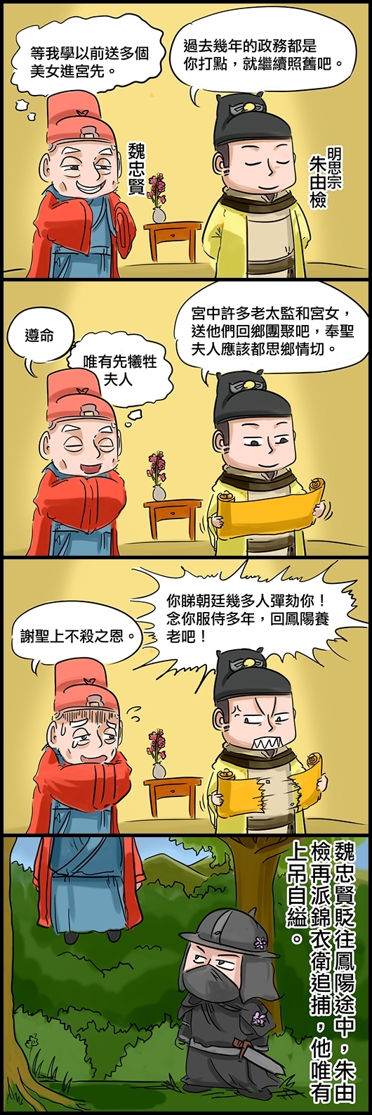 朱由檢：過去幾年的政務都是你打點，就繼續照舊吧。 魏忠賢(奸笑樣)心想：等我學以前送多個美女進宮先。 朱由檢：宮中許多老太監和宮女，送他們回鄉團聚吧，奉聖夫人應該都思鄉情切。 魏忠賢：遵命 (唯有先犧牲夫人) 朱由檢：你睇朝廷幾多人彈劾你！念你服侍多年，回鳳陽養老吧！ 魏忠賢(哭)：謝聖上不殺之恩。 魏忠賢貶往鳳陽途中，朱由檢再派錦衣衛追捕，他唯有上吊自縊。