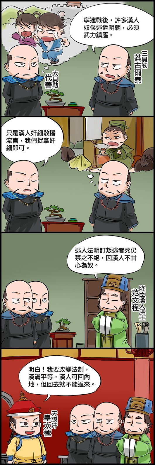 三貝勒莽古爾泰：寧遠戰後，許多漢人奴僕逃返明朝，必須武力鎮壓。 大貝勒代善：只是漢人奸細散播流言，我們捉拿奸細即可。 降臣漢人謀士范文程：逃人法明訂叛逃者死仍禁之不絕，因漢人不甘心為奴。 天聰汗皇太極：明白！我要改變法制，漢滿平等，漢人可回內地，但回去就不能返來。