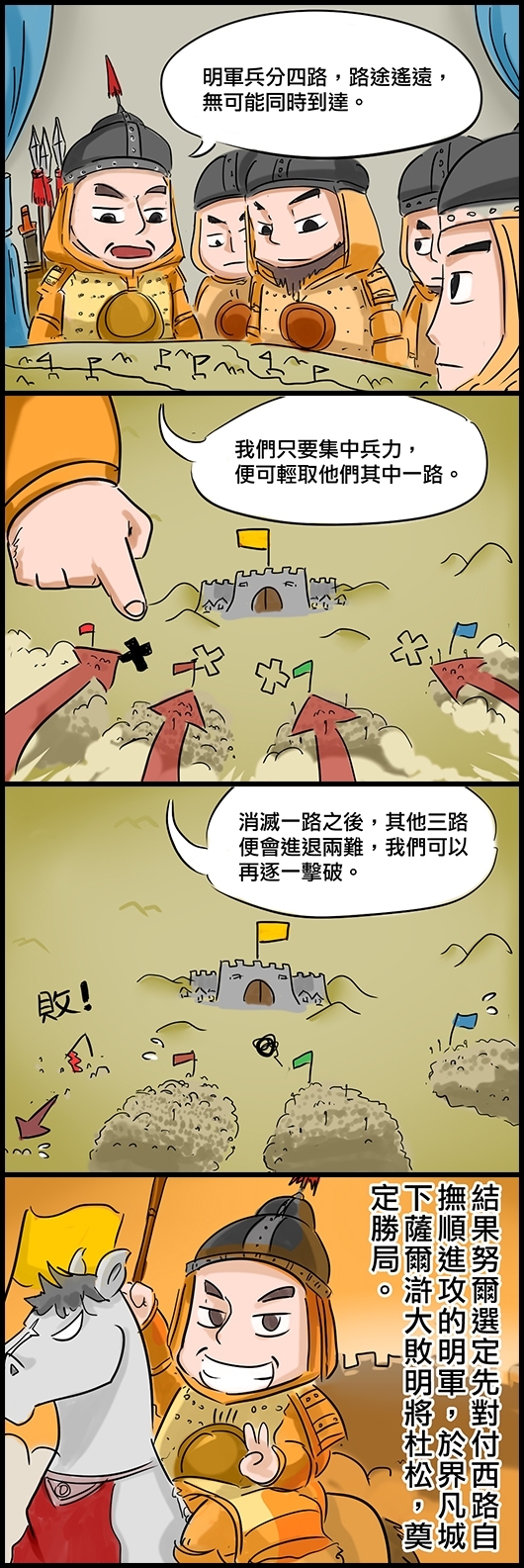 努爾哈赤：明軍兵分四路，路途遙遠，無可能同時到達。 努爾哈赤：我們只要集中兵力，便可輕取他們其中一路。 努爾哈赤：消滅一路之後，其他三路便會進退兩難，我們可以再逐一擊破。 結果努爾選定先對付西路自撫順進攻的明軍，於界凡城下薩爾滸大敗明將杜松，奠定勝局。