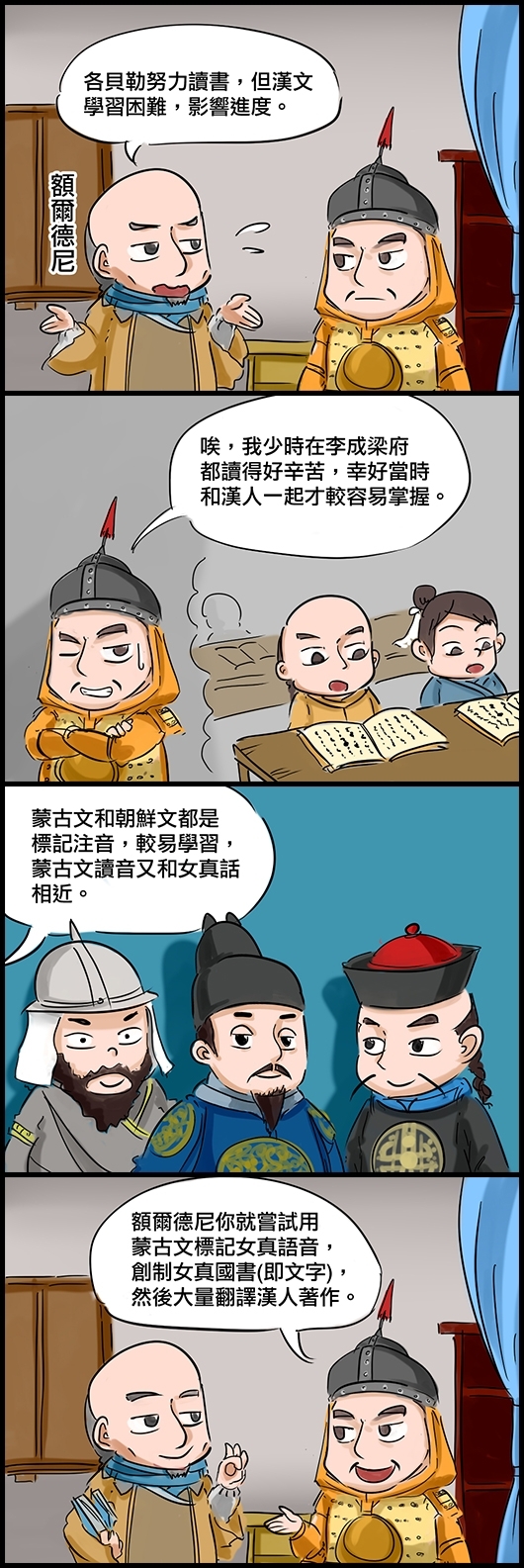 額爾德尼：各貝勒努力讀書，但漢文學習困難，影響進度。 努爾哈赤：唉，我少時在李成梁府都讀得好辛苦，幸好當時和漢人一起才較容易掌握。 努爾哈赤：蒙古文和朝鮮文都是標記注音，較易學習，蒙古文讀音又和女真話相近。 努爾哈赤：額爾德尼你就嘗試用蒙古文標記女真語音，創制女真國書(即文字)，然後大量翻譯漢人著作。