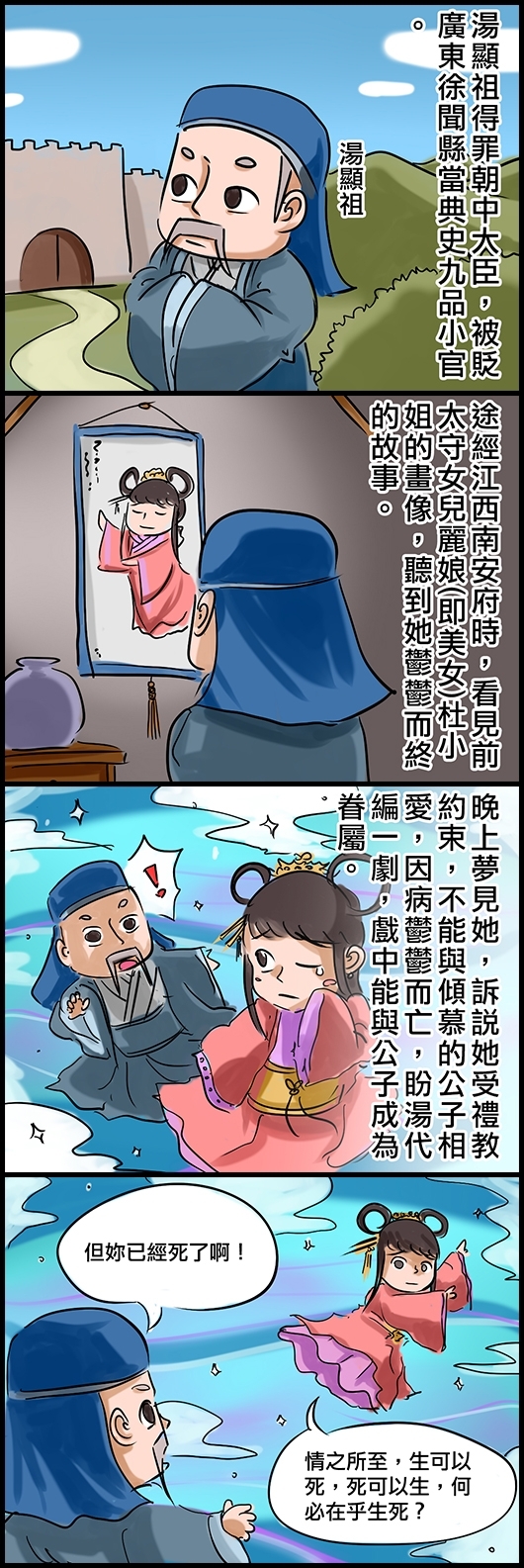 湯顯祖得罪朝中大臣，被貶廣東徐聞縣當典史九品小官。 途經江西南安府時，看見前太守女兒麗娘(即美女)杜小姐的畫像，聽到她鬱鬱而終的故事。 晚上夢見她，訴說她受禮教約束，不能與傾慕的公子相愛，因病鬱鬱而亡，盼湯代編一劇，戲中能與公子成為眷屬。 湯：但妳已經死了啊！ 杜：情之所至，生可以死，死可以生，何必在乎生死？