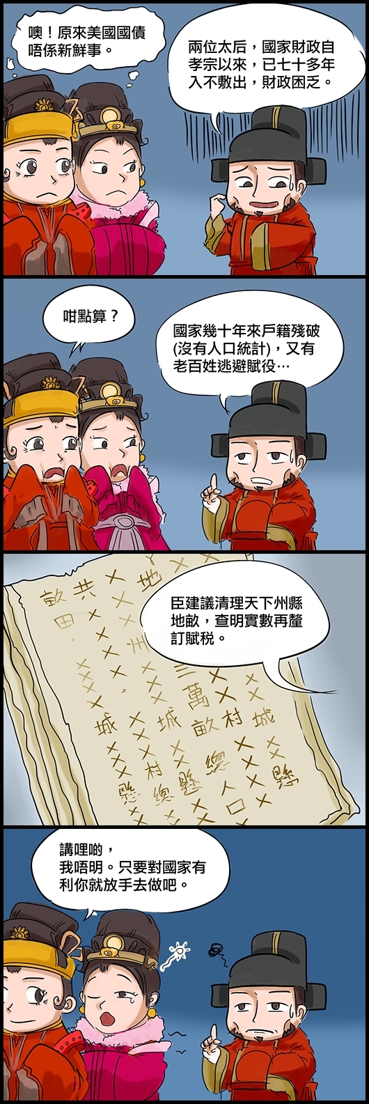 張居正：兩位太后，國家財政自孝宗以來，已七十多年入不敷出，財政困乏。 太后(心想)：噢！原來美國國債唔係新鮮事。 太后：咁點算？ 張居正：國家幾十年來戶籍殘破(沒有人口統計)，又有老百姓依附鄉官逃避賦役…… 張居正：臣建議清理天下州縣地畝，查明實數再釐訂賦稅。 太后：講哩啲，我唔明。只要對國家有利你就放手去做吧。