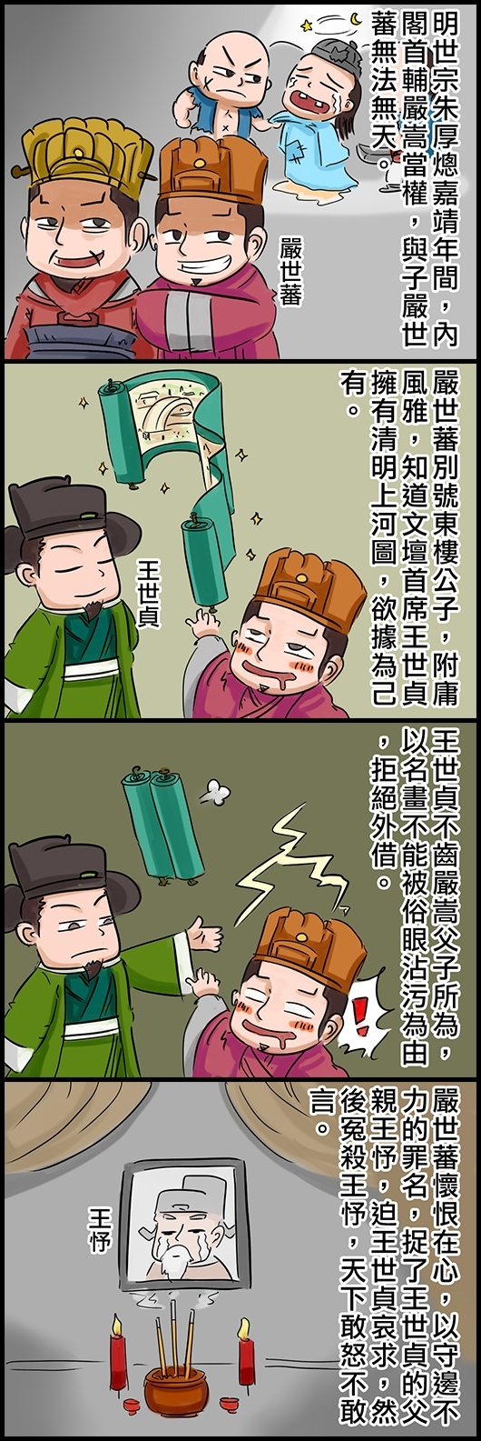 明世宗朱厚熜嘉靖年間，內閣首輔嚴嵩當權，與子嚴世蕃無法無天。 嚴世蕃別號東樓公子，附庸風雅，知道文壇首席王世貞擁有清明上河圖，欲據為己有。 王世貞不齒嚴嵩父子所為，以名畫不能被俗眼沾污為由，拒絕外借。 嚴世蕃懷恨在心，以守邊不力的罪名，捉了王世貞的父親王忬，迫王世貞哀求，然後冤殺王忬，天下敢怒不敢言。