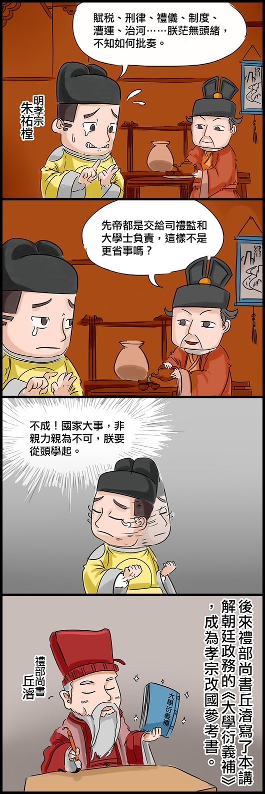 明孝宗朱祐樘：賦稅、刑律、禮儀、制度、漕運、治河……，朕茫無頭緒，不知如何批奏。 太監懷恩：先帝都是交給司禮監和大學士負責，這樣不是更省事嗎？ 孝宗：不成！國家大事，非親力親為不可，朕要從頭學起。 後來禮部尚書丘濬寫了本講解朝廷政務的《大學衍義補》，成為孝宗改國參考書。