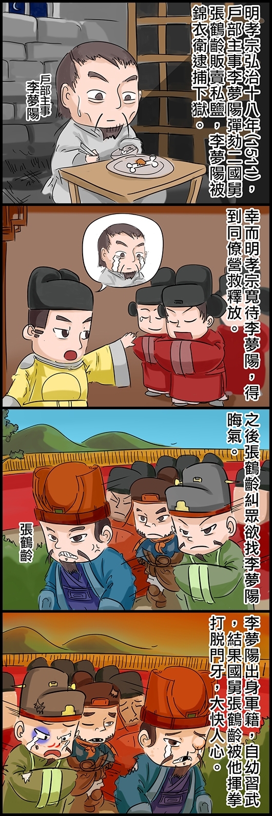 明孝宗弘治十八年(1511)，戶部主事李夢陽彈劾二國舅張鶴齡販賣私鹽，李夢陽被錦衣衛逮捕下獄。 幸而明孝宗寬待李夢陽，得到同僚營救釋放。 之後張鶴齡糾眾欲找李夢陽晦氣。 李夢陽出身軍籍，自幼習武，結果國舅張鶴齡被他揮拳打脫門牙，大快人心。