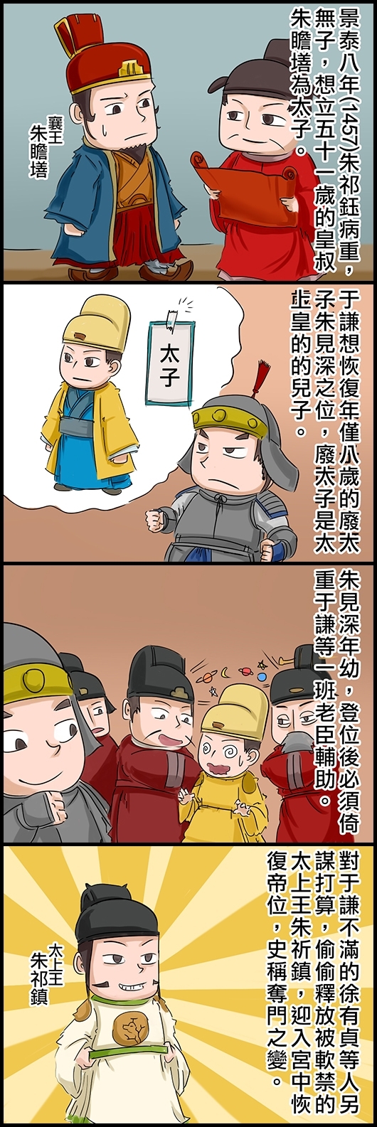 景泰八年(1457)朱祁鈺病重，無子，想立五十一歲的皇叔朱瞻墡為太子。 于謙想恢復年僅八歲的廢太子朱見深之位，廢太子是太上皇的的兒子。 朱見深年幼，登位後必須倚重于謙等一班老臣輔助。 對于謙不滿的徐有貞等人另謀打算，偷偷釋放被軟禁的太上王朱祈鎮，迎入宮中恢復帝位，史稱奪門之變。