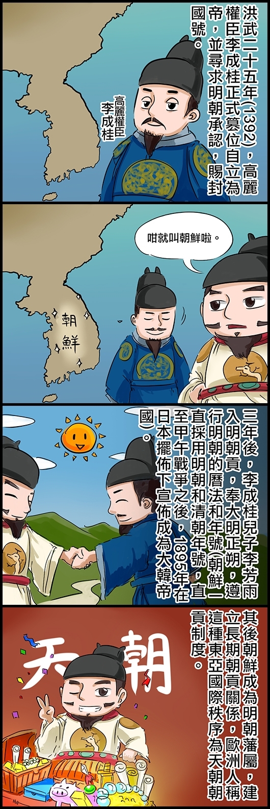 洪武二十五年(1392)，高麗權臣李成桂正式篡位自立為帝，並尋求明朝承認，賜封國號。 朱元璋：咁就叫朝鮮啦。 三年後，李成桂兒子李芳雨入明朝貢，奉大明正朔，遵行明朝的曆法和年號(朝鮮一直採用明朝和清朝年號，直至甲午戰爭之後，1895年在日本擺佈下宣佈成為大韓帝國)。 其後朝鮮成為明朝藩屬，建立長期朝貢關係，歐洲人稱這種東亞國際秩序為天朝朝貢制度。