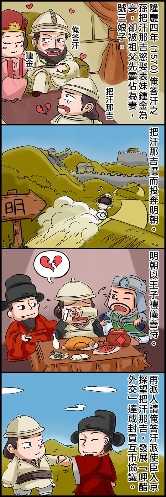 隆慶四年 (1570) 俺答汗之孫把汗那吉欲娶表妹鍾金為妾，卻被祖父先霸佔為妻，號三娘子。 把汗那吉憤而投奔明朝。 明朝以王子禮儀善待。 再派人請俺答汗派使臣入京探望把汗那吉，發展「呷醋外交」達成封貢互市協議。