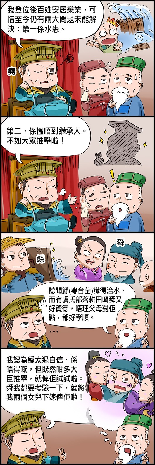 堯：我登位後百姓安居樂業，可惜至今仍有兩大問題未能解決：第一是水患、 堯：第二，係搵唔到繼承人。不如大家推舉啦！ 大臣：聽聞鯀(粵音菌)識得治水，而有虞氏部落耕田的舜又好賢德，唔理父母對佢點，都好孝順。 堯：我認為鯀太過自信，係唔得嘅，既然咁多位大臣推舉，就俾佢試試啦。舜我都要考驗一下，就將我兩個女兒下嫁俾佢啦！