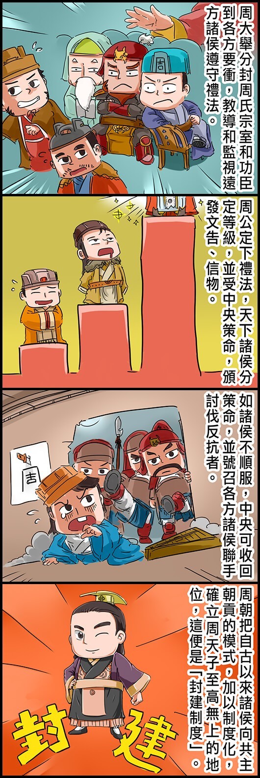 周大舉分封周氏宗室和功臣到各方要衝，教導和監視遠方諸侯遵守禮法。 周公定下禮法，天下諸侯分定等級，並受中央策命，頒發文告、信物。 如諸侯不順服，中央可收回策命，並號召各方諸侯聯手討伐反抗者。 周朝把自古以來諸侯向共主朝貢的模式，加以制度化，確立周天子至高無上的地位，這便是「封建制度」。