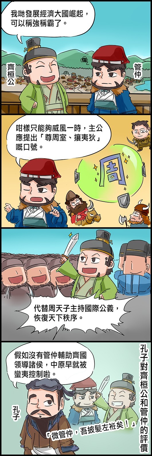 齊桓公：我哋發展經濟大國崛起，可以稱強稱霸了。 管仲：咁樣只能威風一時，主公應提出「尊周室、攘夷狄」嘅口號。 管仲：代替周天子主持國際公義，恢復天下秩序。 孔子對齊桓公和管仲的評價：假如沒有管仲輔助齊國領導諸侯，中原早就被蠻夷控制啦。 (「微管仲，吾披髮左衽矣！」)