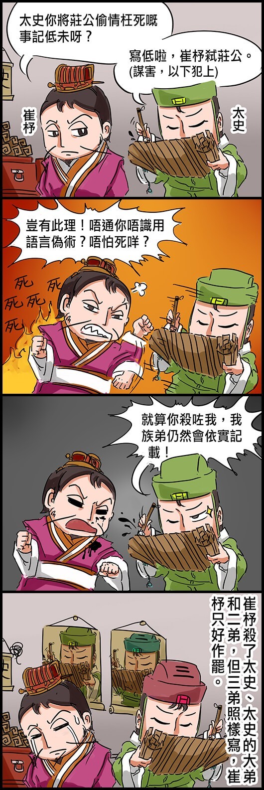 崔杼：太史你將莊公偷情枉死嘅事記低未呀？ 太史：寫低啦，崔杼弒莊公。(謀害，以下犯上) 崔杼：豈有此理，唔通你唔識用語言偽術？唔怕死咩？ 太史：就算你殺咗我，我族弟仍然會依實記載！ 崔杼殺了太史、太史的大弟和二弟，但三弟照樣寫，崔杼只好作罷。