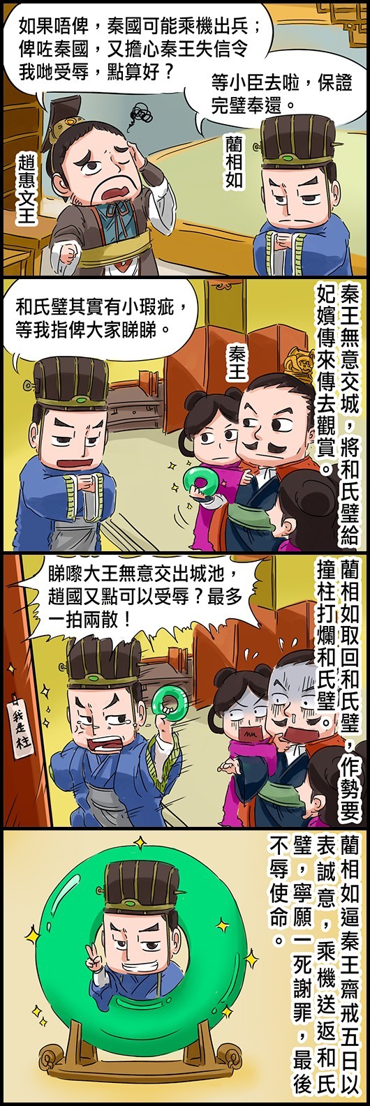 趙惠文王：如果唔俾，秦國可能乘機出兵；俾咗秦國，又擔心秦王失信令我哋受辱，點算好？ 藺相如：等小臣去啦，保證完璧奉還。 (秦王無意交城，將和氏璧給妃嬪傳來傳去觀賞) 藺相如：和氏璧其實有小瑕疵，等我指俾大家睇睇。 (藺相如取回和氏璧，作勢要撞柱打爛和氏璧) 藺相如：睇嚟大王無意交出城池，趙國又點可以受辱？最多一拍兩散！ 藺相如逼秦王齋戒五日以表誠意，乘機送返和氏璧，寧願一死謝罪，最後不辱使命。