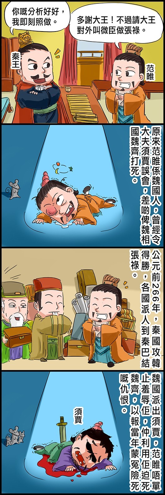 秦王：你嘅分析好好，我即刻照做。 范睢：多謝大王！不過請大王對外叫微臣做張祿。 原來范睢係魏國人，曾經令大夫須賈誤會，差啲俾魏相國魏齊打死。 公元前266年，秦國攻韓得勝，各國派人到秦巴結張祿。 魏國派出須賈，范睢唔單止羞辱佢，仲利用佢迫死魏齊，以報當年蒙冤險死嘅愁恨。