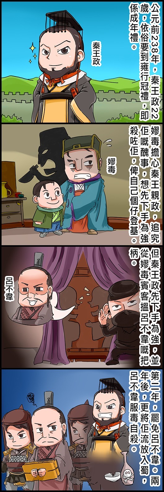 公元前238年，秦王政22歲，依俗要到雍行冠禮，即係成年禮。 嫪毒擔心秦王親政，追究佢嘅醜事，想先下手為強殺咗佢，俾自己個仔登基。 但秦王政先下手為強，並從嫪毐賓客搵呂不韋嘅把柄。 第二年，罷免呂不韋。兩年後，更將佢流放入蜀，呂不韋服毒自殺。