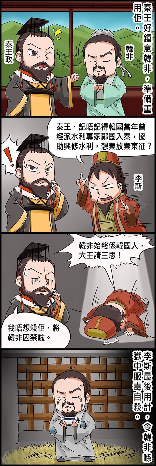 秦王好鍾意韓非，準備重用佢。 李斯：秦王，記唔記得韓國當年曾經派水利專家鄭國入秦，協助興修水利，想秦放棄東征？ 李斯：韓非始終係韓國人，大王請三思！ 秦王：我唔想殺佢，將韓非囚禁啦。 李斯最後用計，令韓非喺獄中服毒自殺。