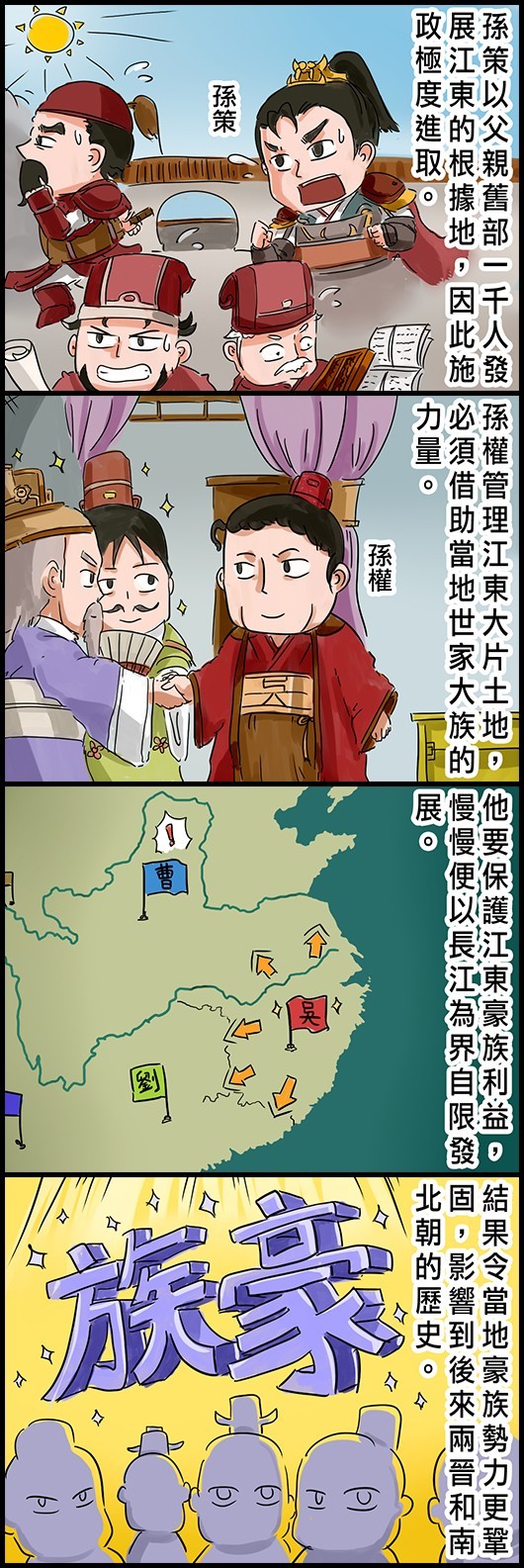 孫策以父親舊部一千人發展江東的根據地，因此施政極度進取。 孫權管理江東大片土地，必須借助當地世家大族的力量。 他要保護江東豪族利益，慢慢便以長江為界自限發展。 結果令當地豪族勢力更鞏固，影響到後來兩晉和南北朝的歷史。